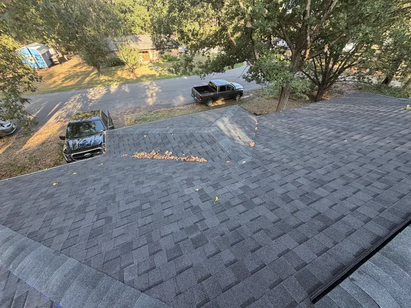 Overhead view of a finished architectural shingle roof replacement in Gladewater, TX